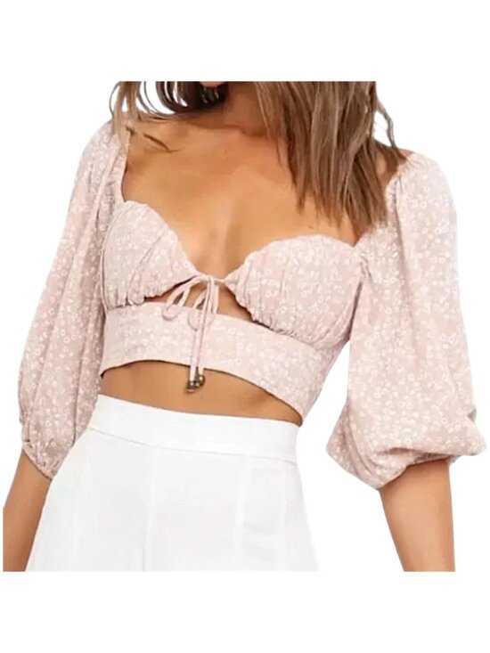 Petal & Pup Tops - Petal + Pup Carey Crop Top Beige Floral Cotton S Puff Sleeve Blouse